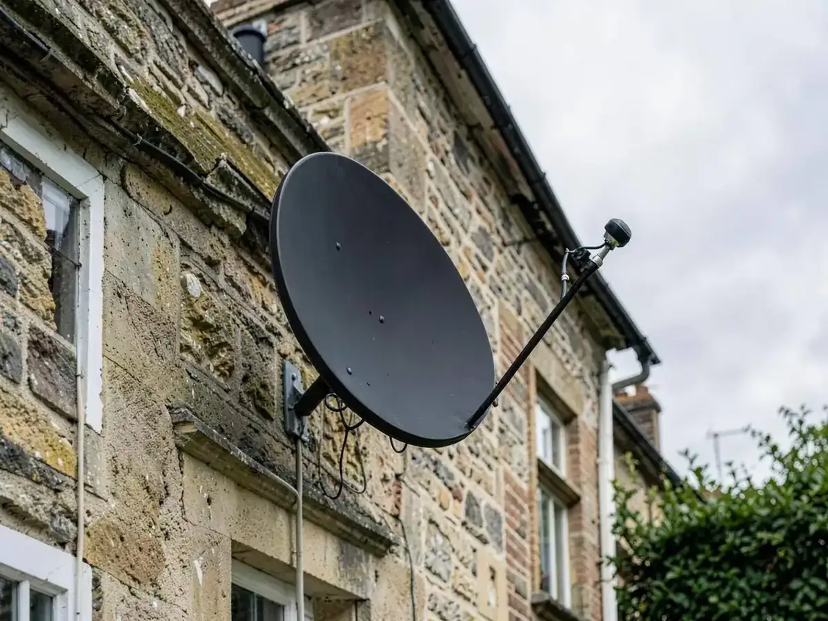 Freesat dish fitted to the wall of a cottage in Berkshire