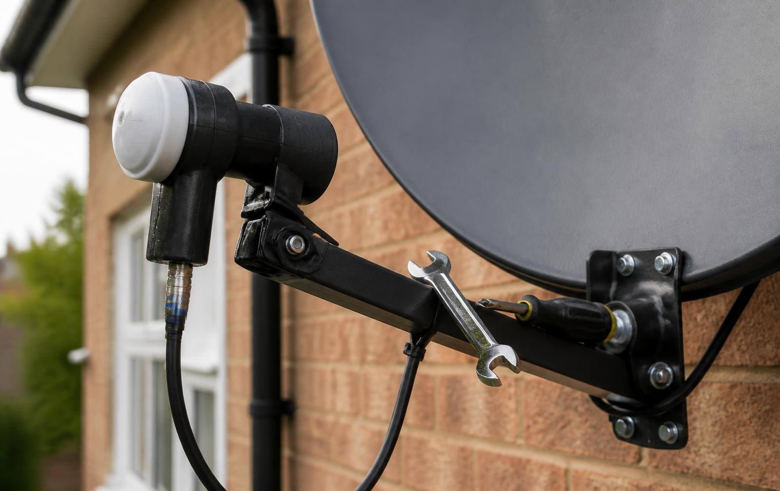 Engineer repairing a satellite dish bracket on a Berkshire rooftop